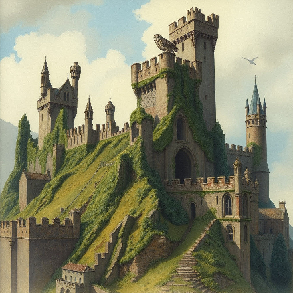 Gothic Castle with Tower in Watercolor Style