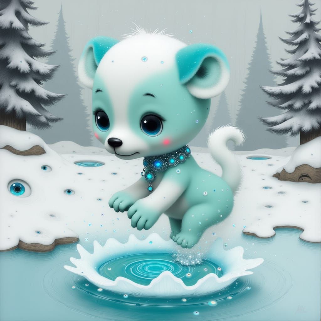 Turquoise Crystal Puppy Leaps into Winter Wonderland