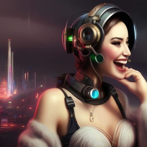 Laughing Woman in Dystopian Cyberpunk Steampunk City
