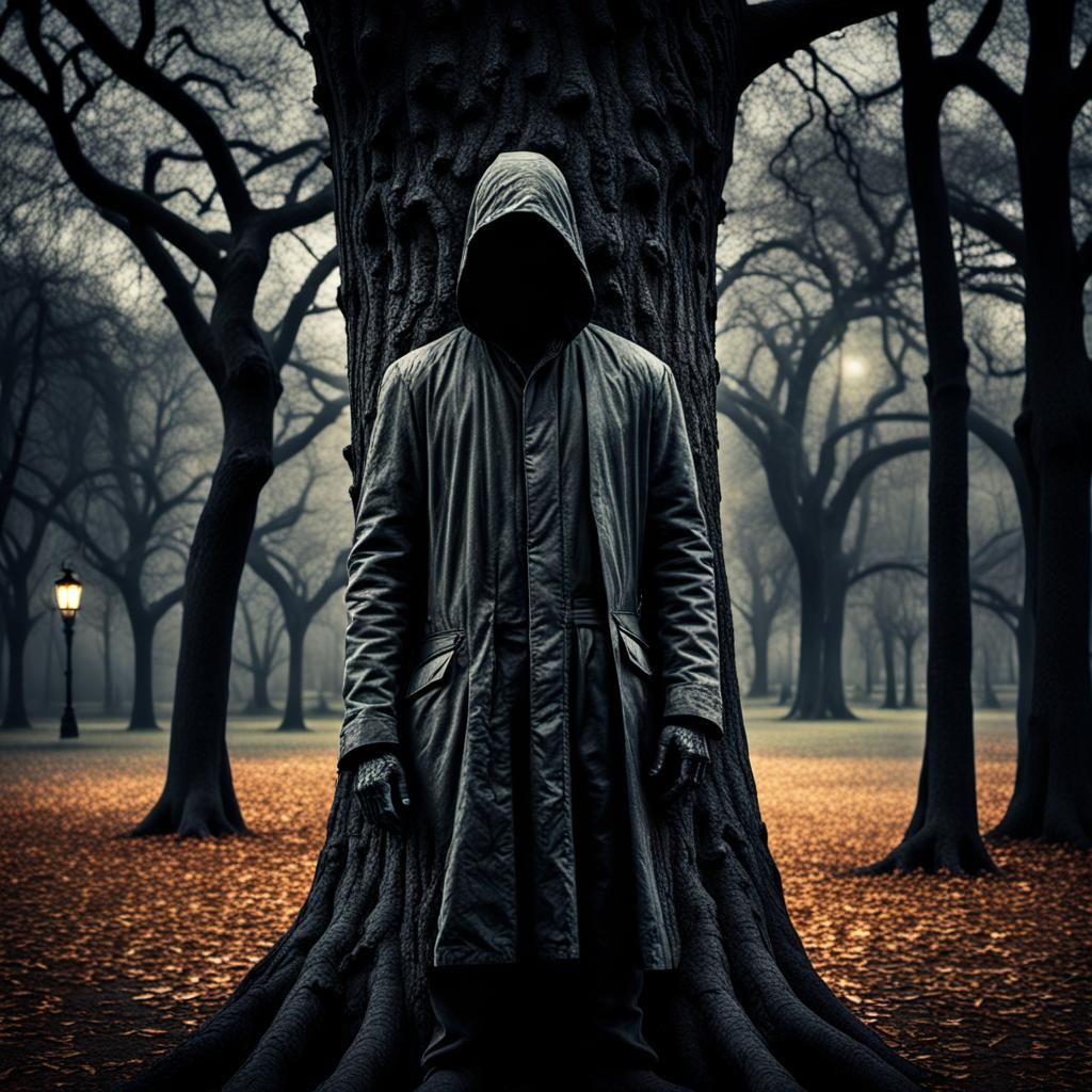 Mysterious Figure in Dark Park: Hyperrealistic Image