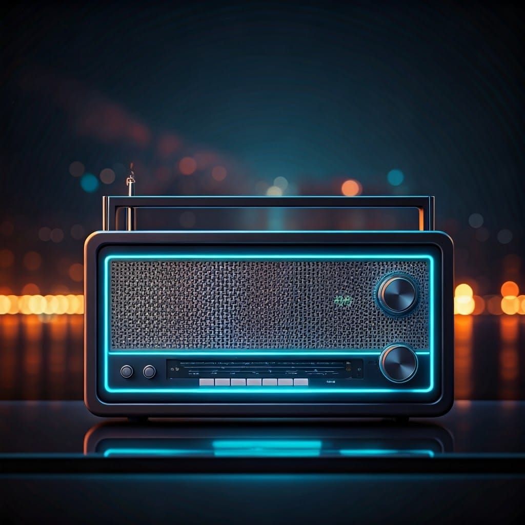 Futuristic Radio in Neon-Lit Industrial Setting