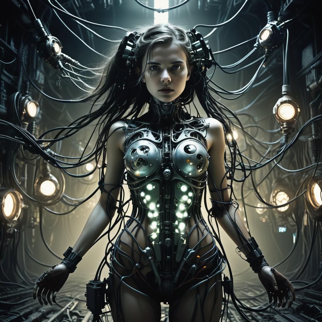 Surreal Biomechanical Woman in Dreamlike Landscape