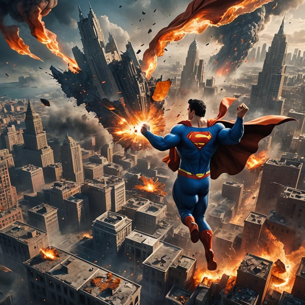 Superman Battles Villain Amidst City Destruction