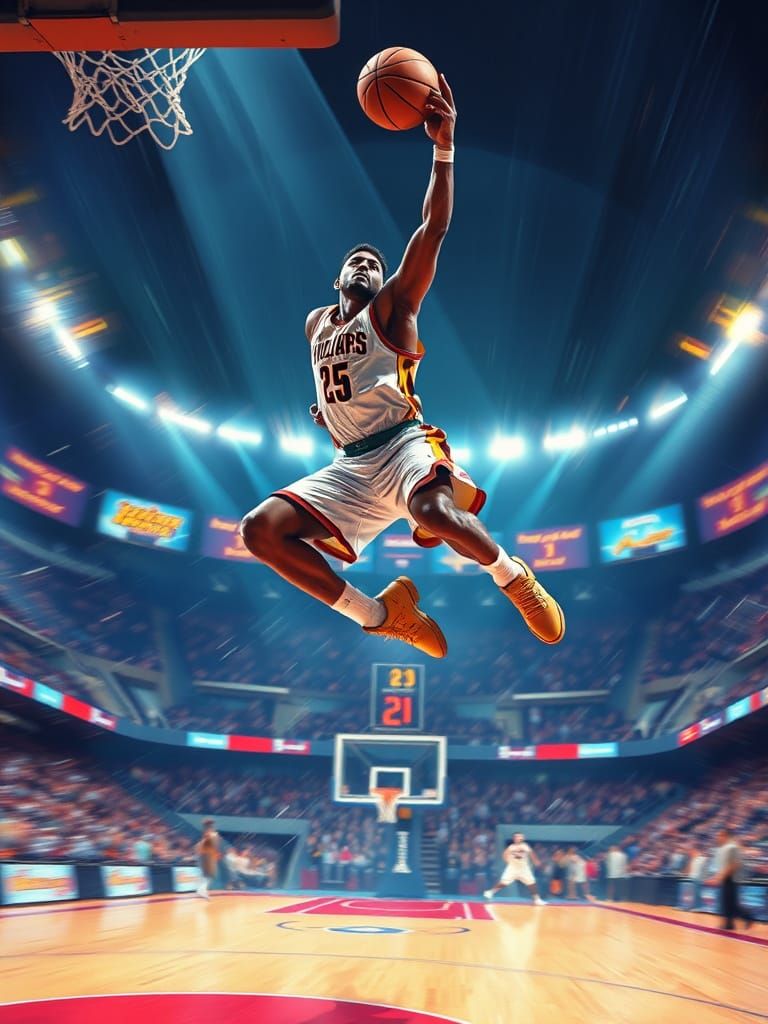 High-Flying Basketball Player in Futuristic Digital Art