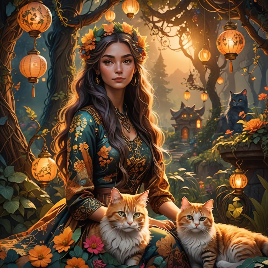 Cartoon Lady with Cat in Vibrant Forest