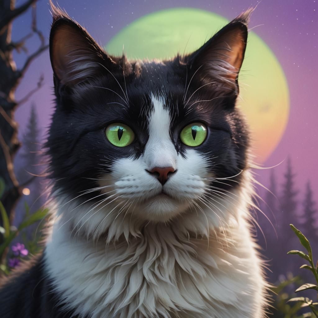Slender Black and White Cat on Dreamy Background