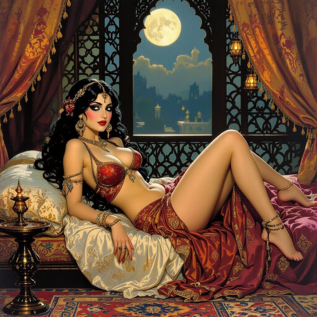 Voluptuous Courtesan on Silk Bed in 1001 Nights Style