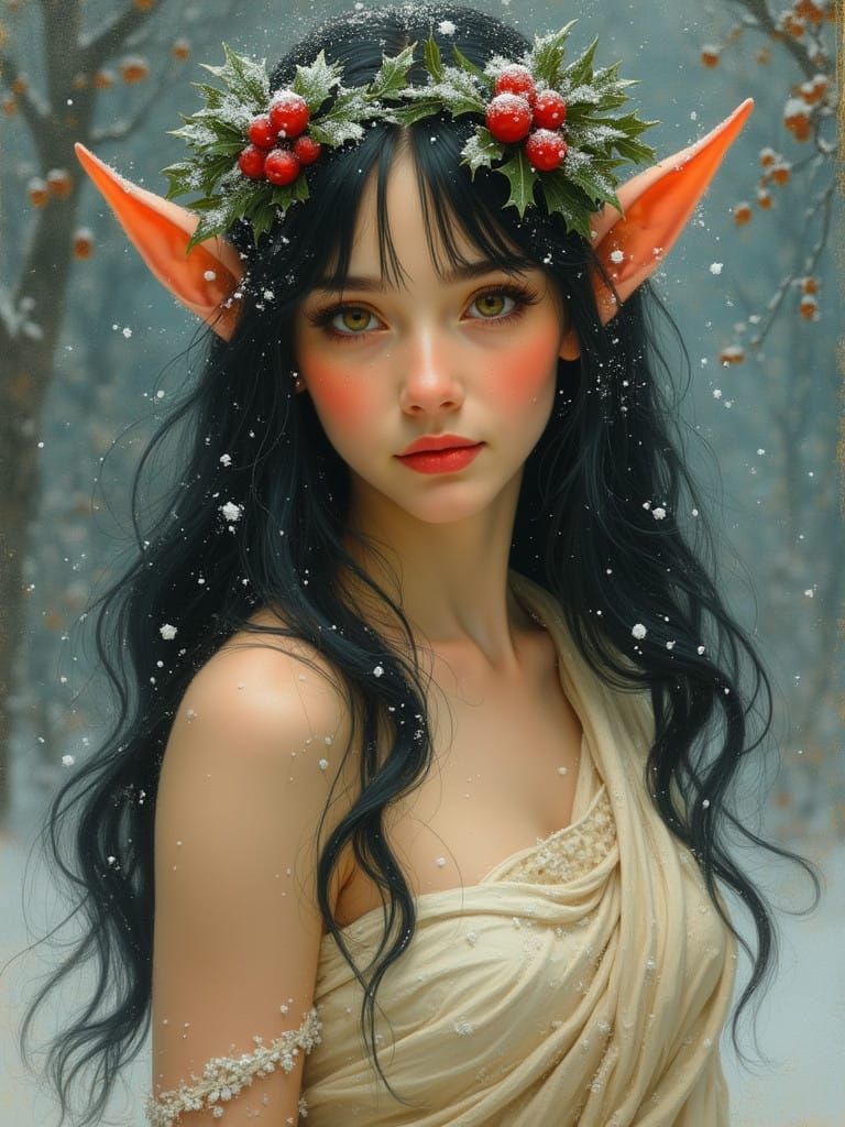 Elegant Elf in Winter Wonderland Art Nouveau Oil Painting