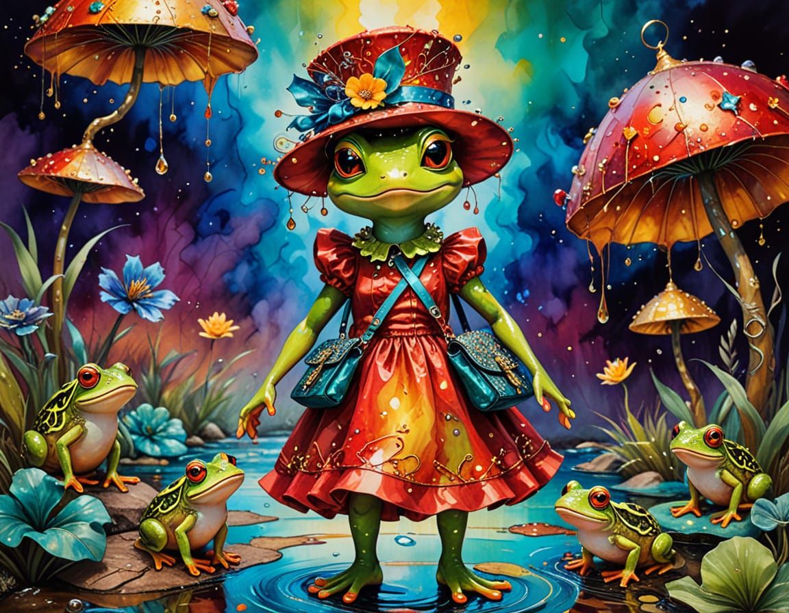 Punk Frog Fashion Victim on Catwalk, Surreal Painting