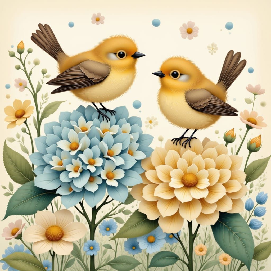 Chickadees on Hydrangeas in Folk Art Nouveau Style