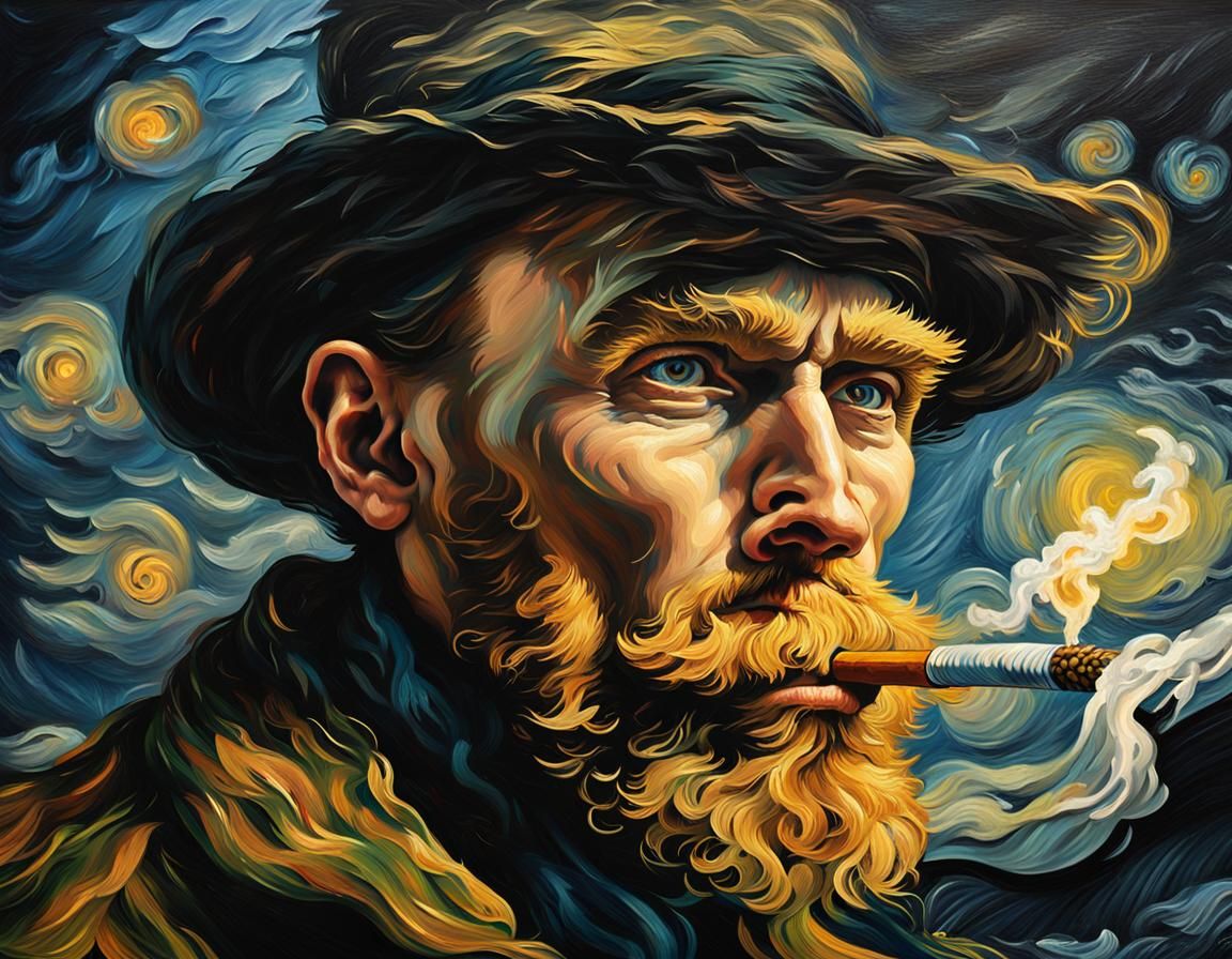 Van Gogh Smoking Portrait in Hyper-Realistic Oil Painting St...