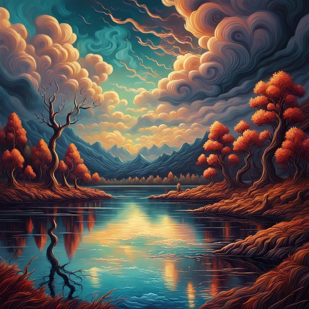 Psychedelic Lake with Cloudy Sky Oil Painting