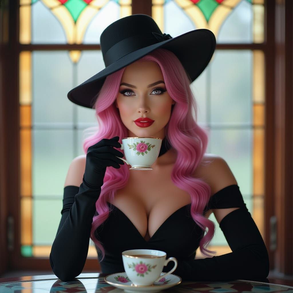 Pink Haired Woman Sips Tea by Stained Glass Window