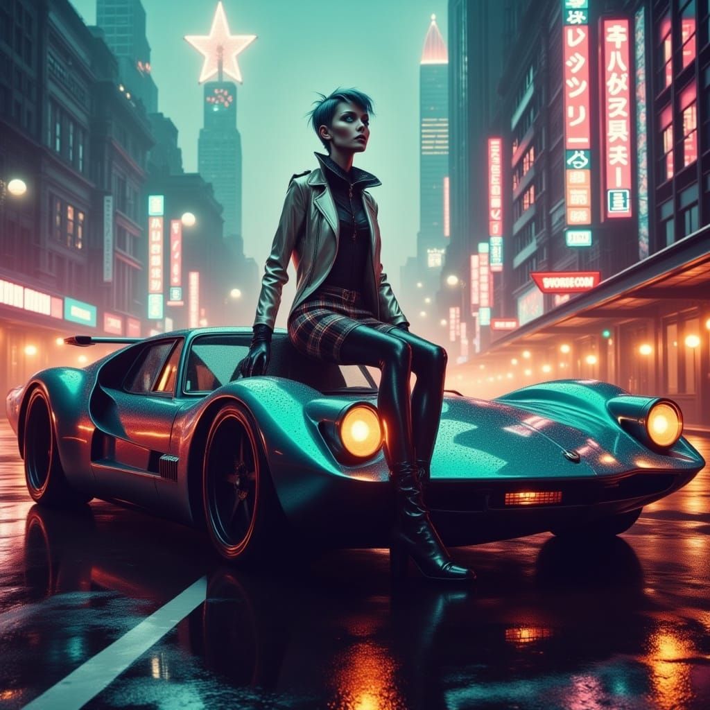 Retro-Futuristic Drift Car Album Cover in Neon-Lit Cityscape
