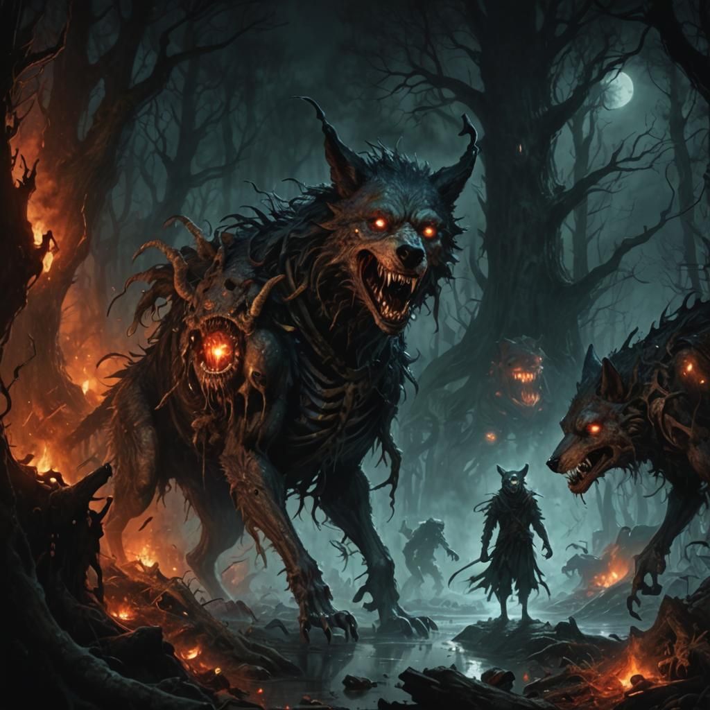 Undead Zombie Wolf Howling in Dark Forest