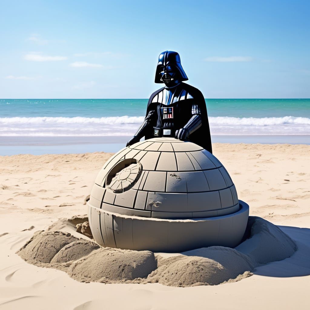 Darth Vader making a sand castle death star on a sunny beach