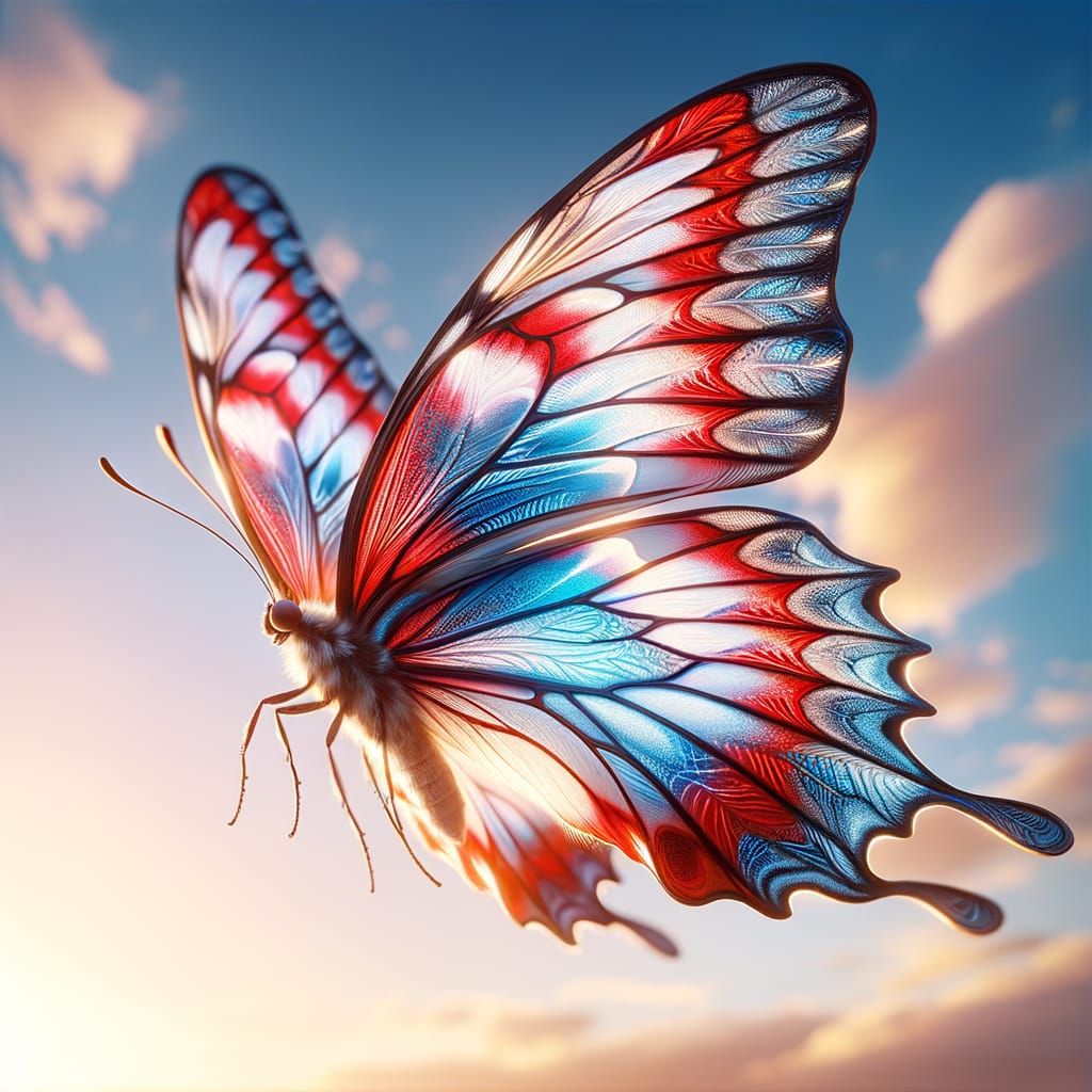 Red, White, and Blue Butterfly in Flight