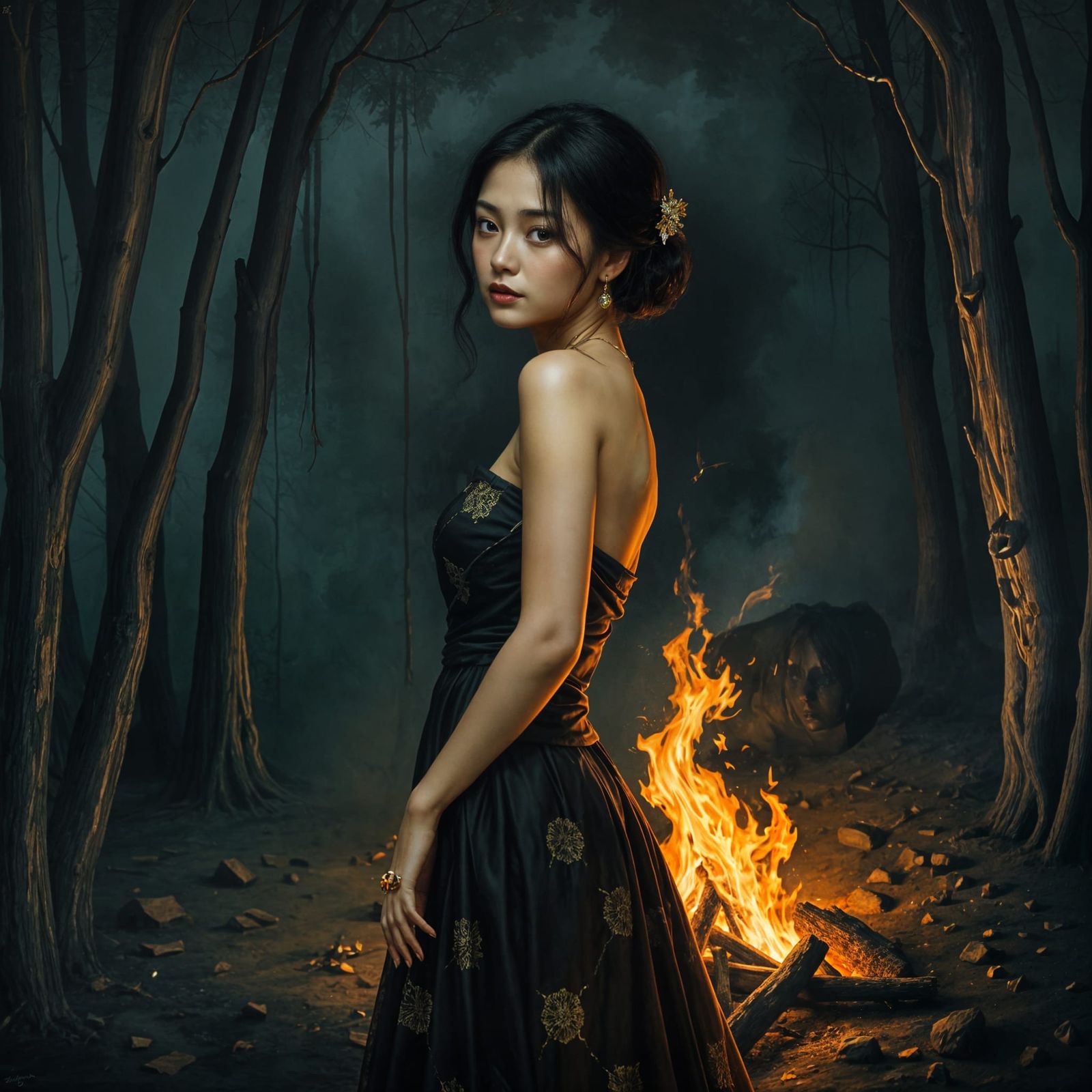 Dark Surreal Oil Painting of Asian Woman by Forest Fire