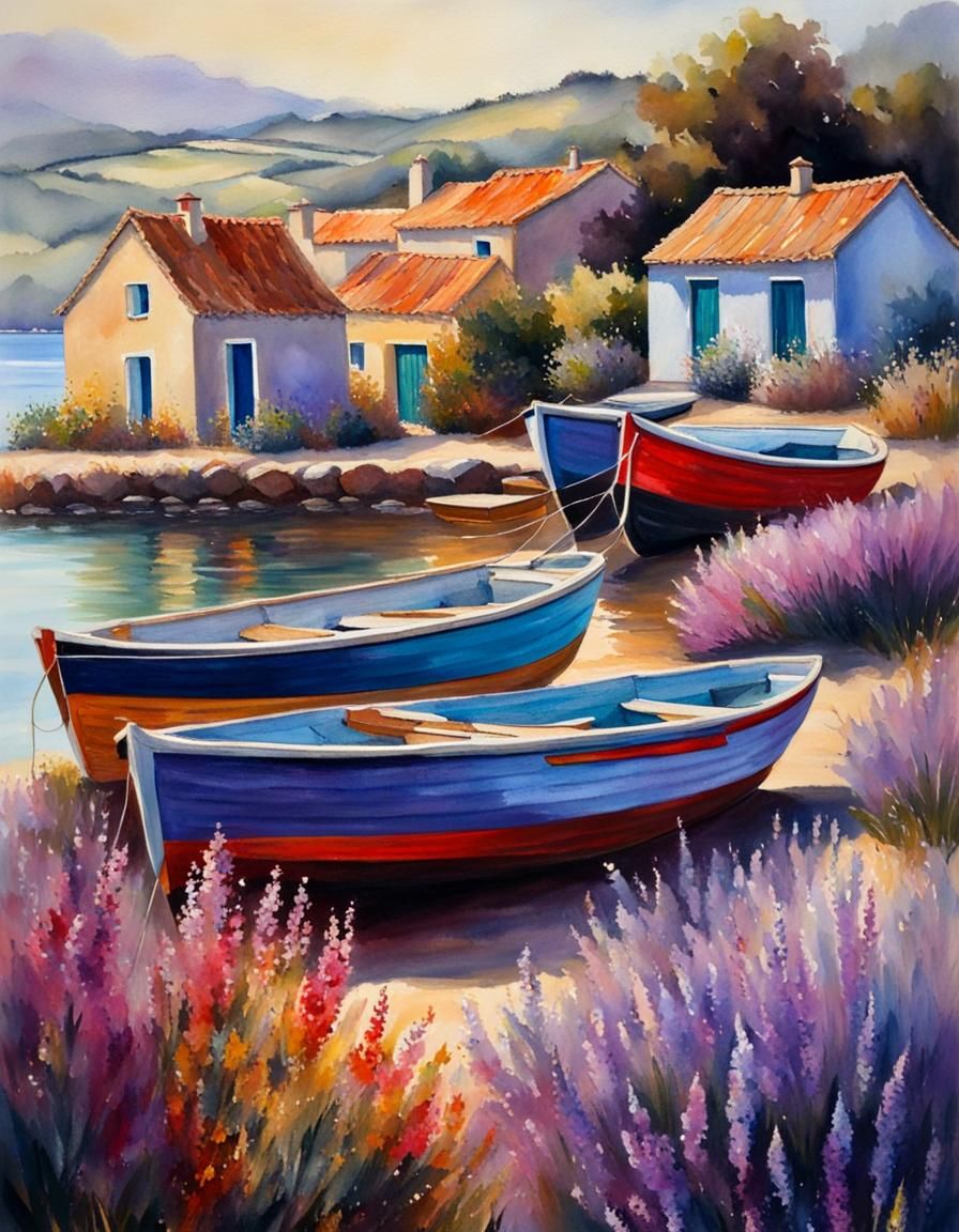 French Coastal Village at Sunset in Pastel Watercolor