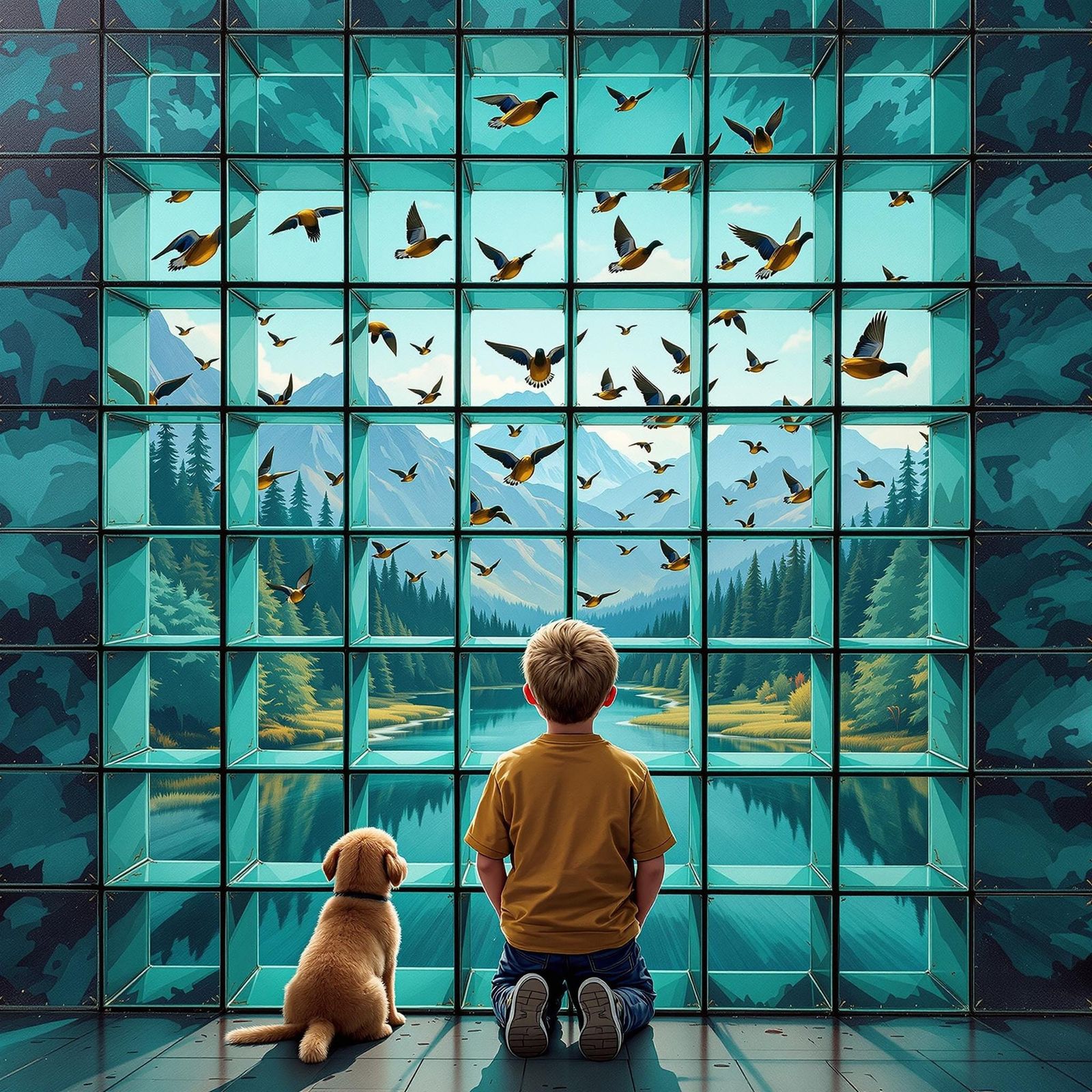 Cel-Shaded Boy and Puppy Peer Through Teal Lattice to Vibran...