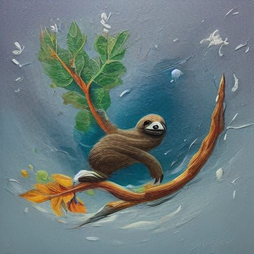 Cute Sloth Relaxing on Tree Branch in Vibrant Oil Painting S...