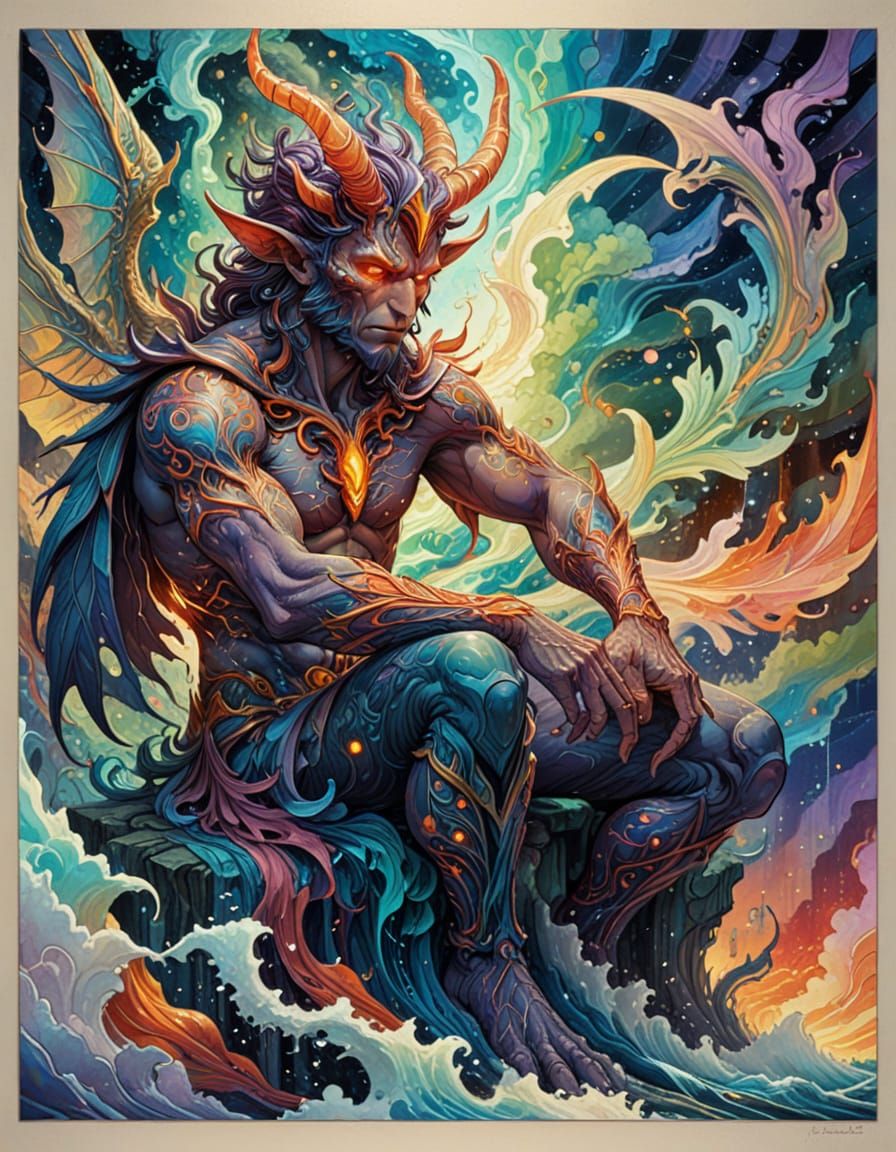 Enigmatic Winged Demon Man in Vibrant Psychedelic Landscape
