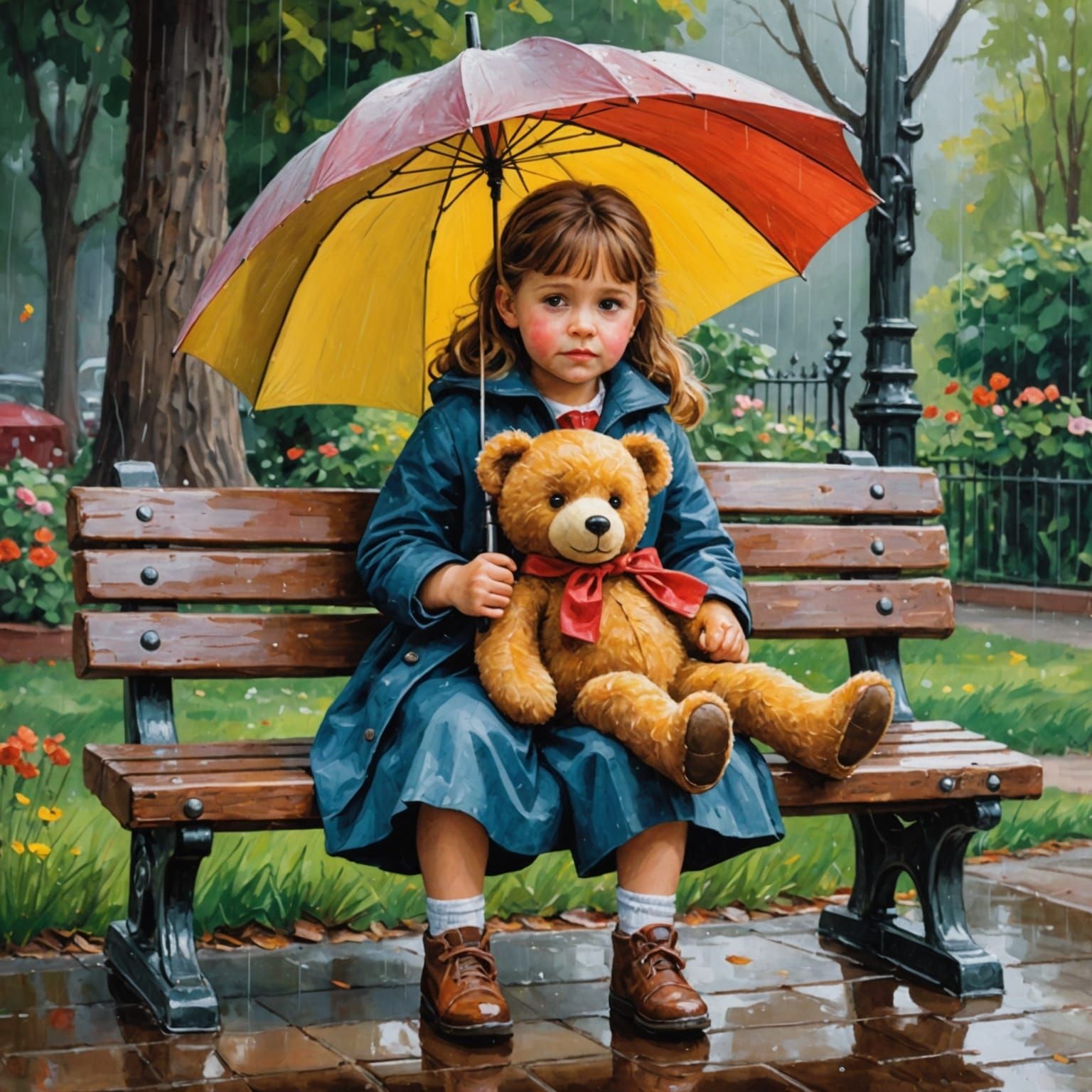 Girl Protects Teddy Bear in Rainy Gouache Painting
