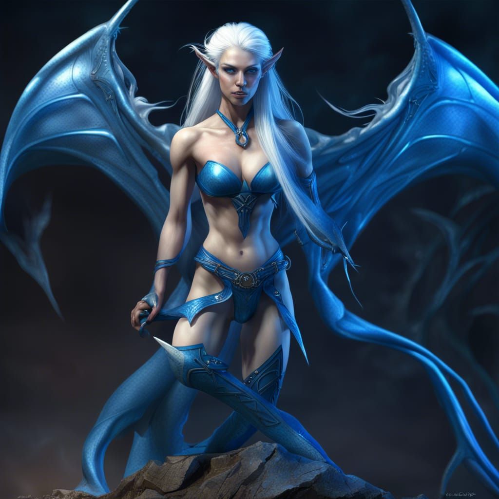Muscular Drow Elf Sorceress with Dragon Wings