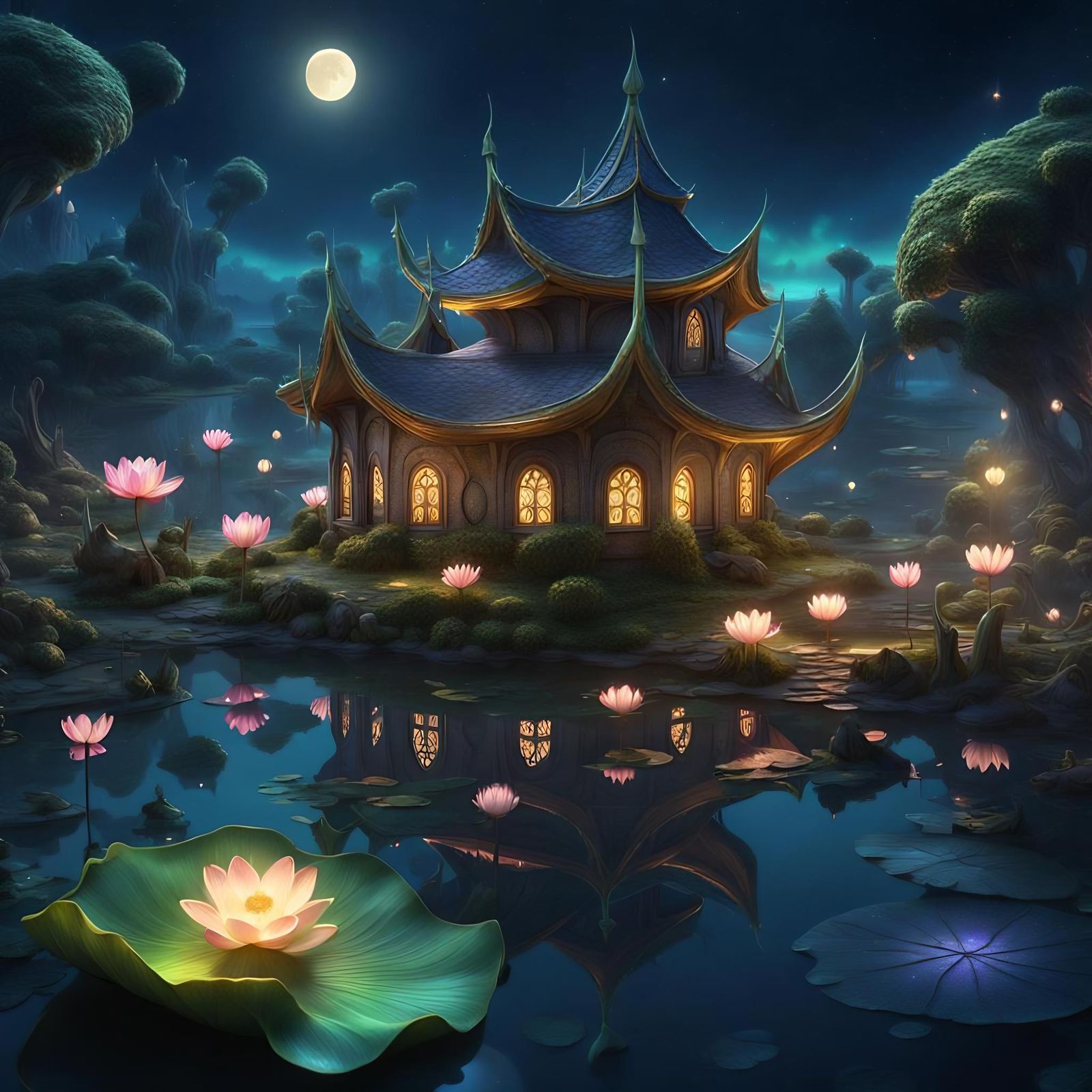 Enchanted Fairy Village on Lotus Leaf