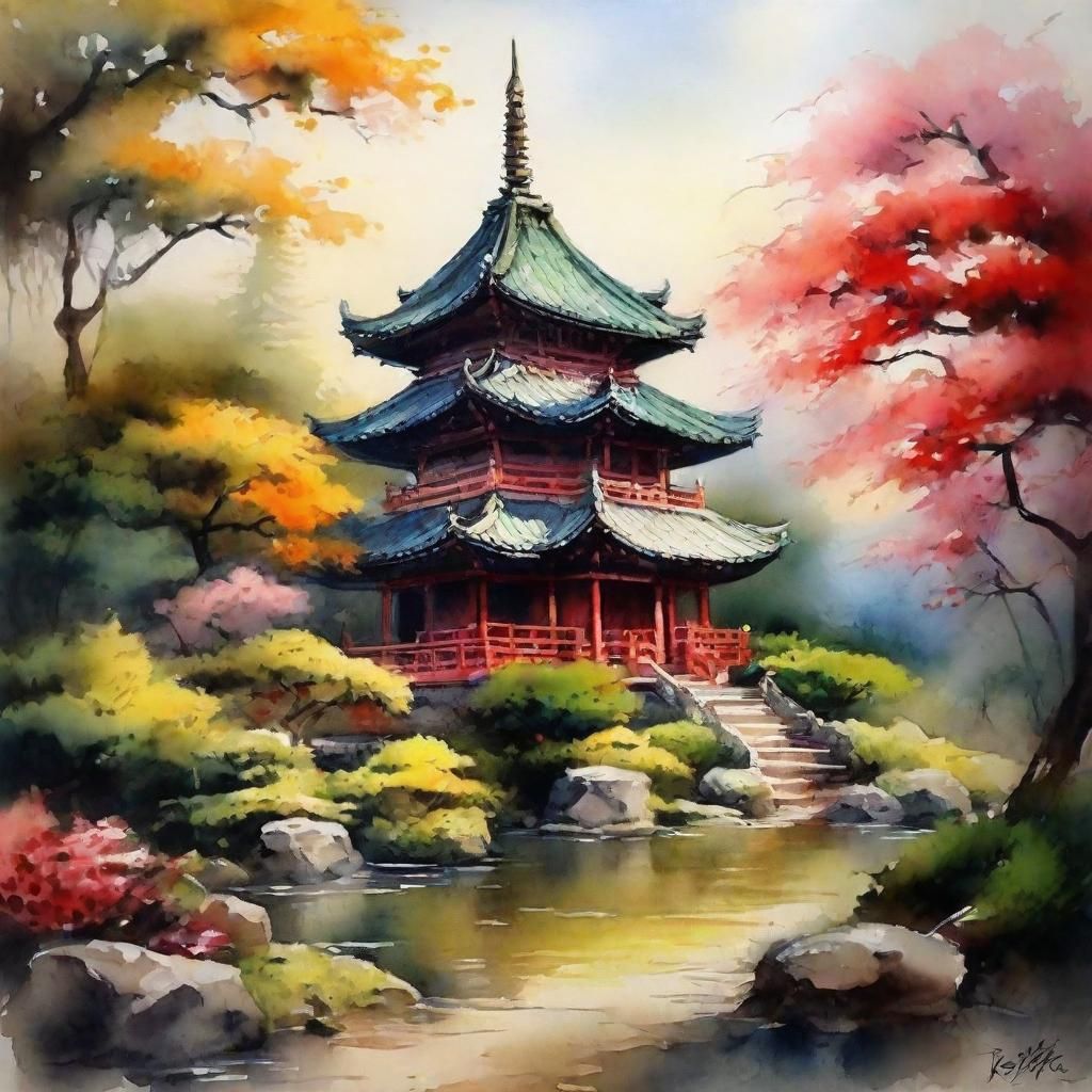 Tranquil Oriental Temple Gardenscape in Mixed Media Style