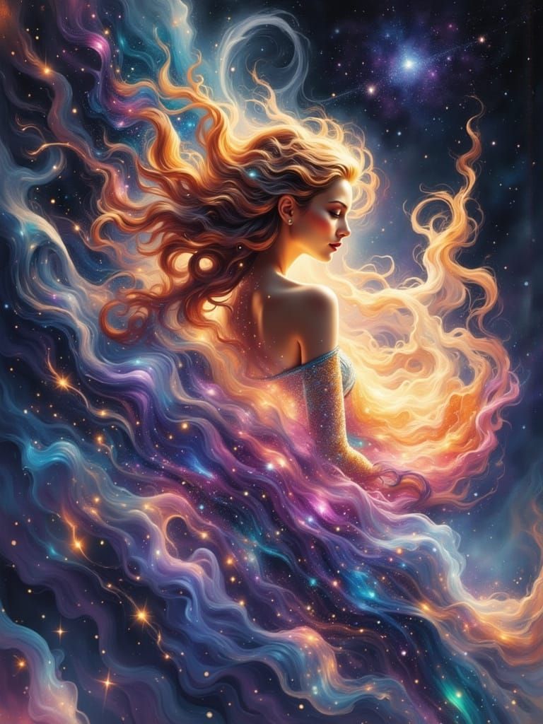 Goddess in Cosmic Starlight: 3D Shaded Art