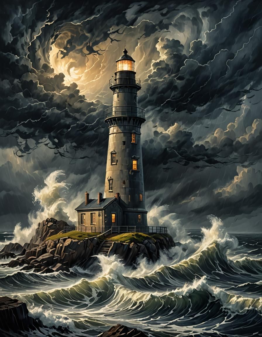 Lighthouse in Turbulent Storm: Moody Coastal Scene
