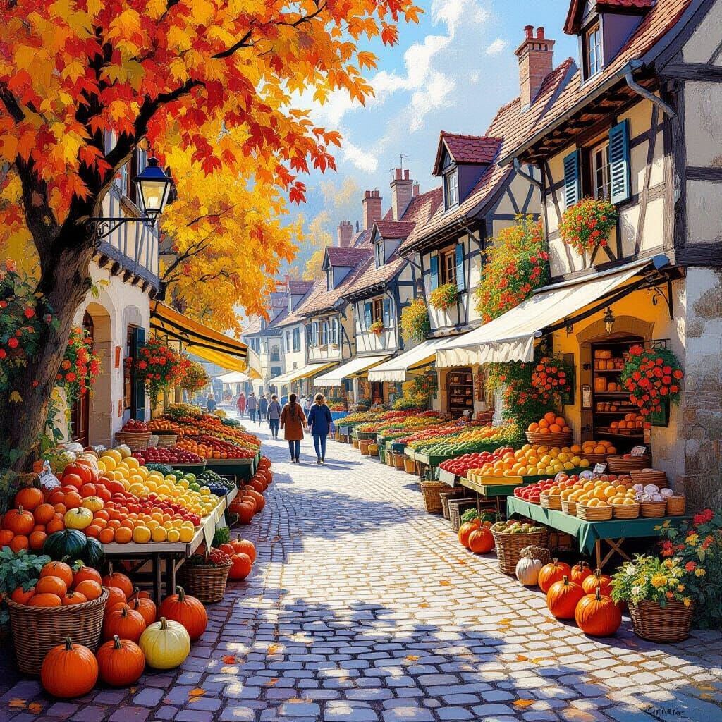 Autumn Market Square in Quaint European Town