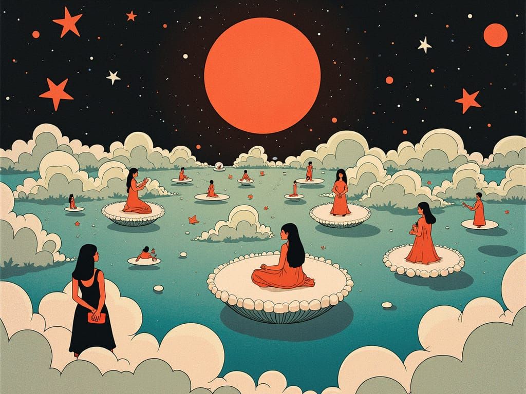 Dreamlike Figures Float in Abstract Symbolic Sea