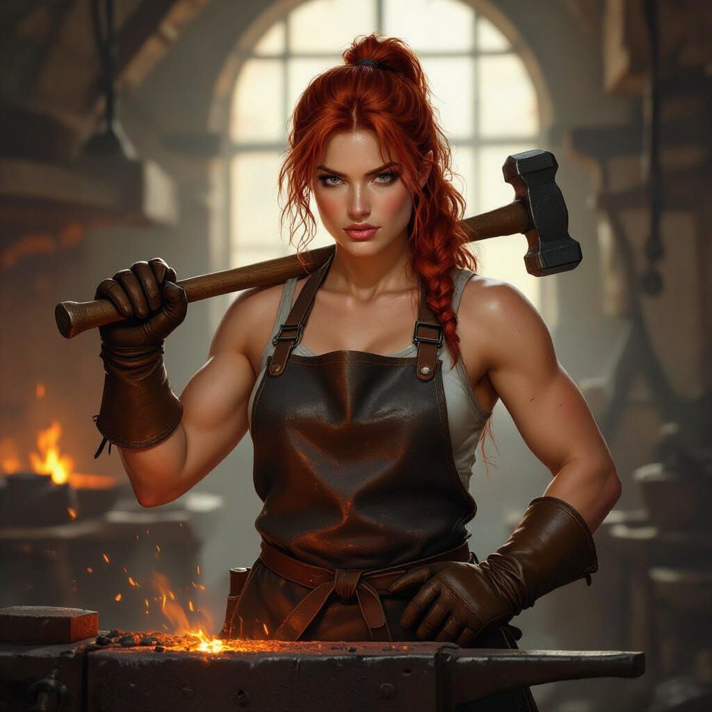 Redhead Blacksmith with Hammer, Gritty Realism Style