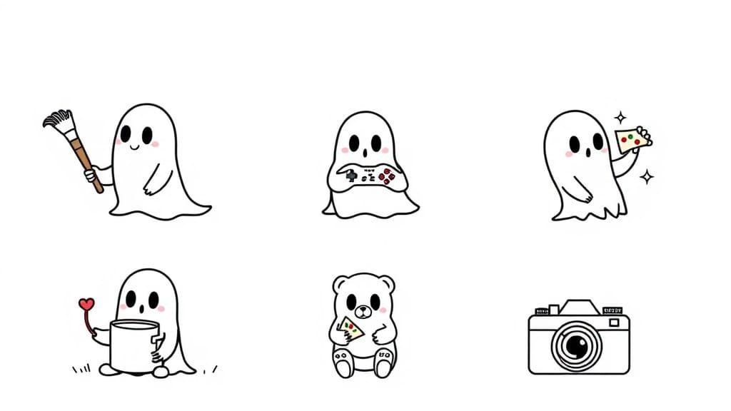 Line Art Ghosts Holding Various Items in Cartoon Style