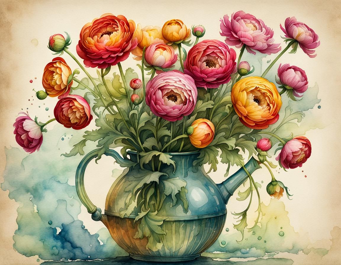 Fairytale Ranunculus Flowers in Watercolor Illustration