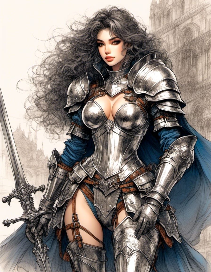 Curvy Anime Knight in Armor Bikini Color Sketch