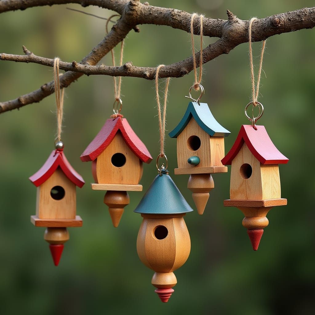 Vibrant Woodturned Birdhouse Ornaments in Photorealistic Sty...