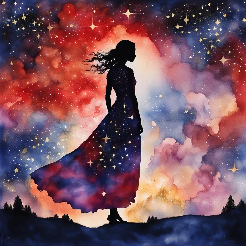 Dreamy Woman in Starry Night: Watercolor Ink Art