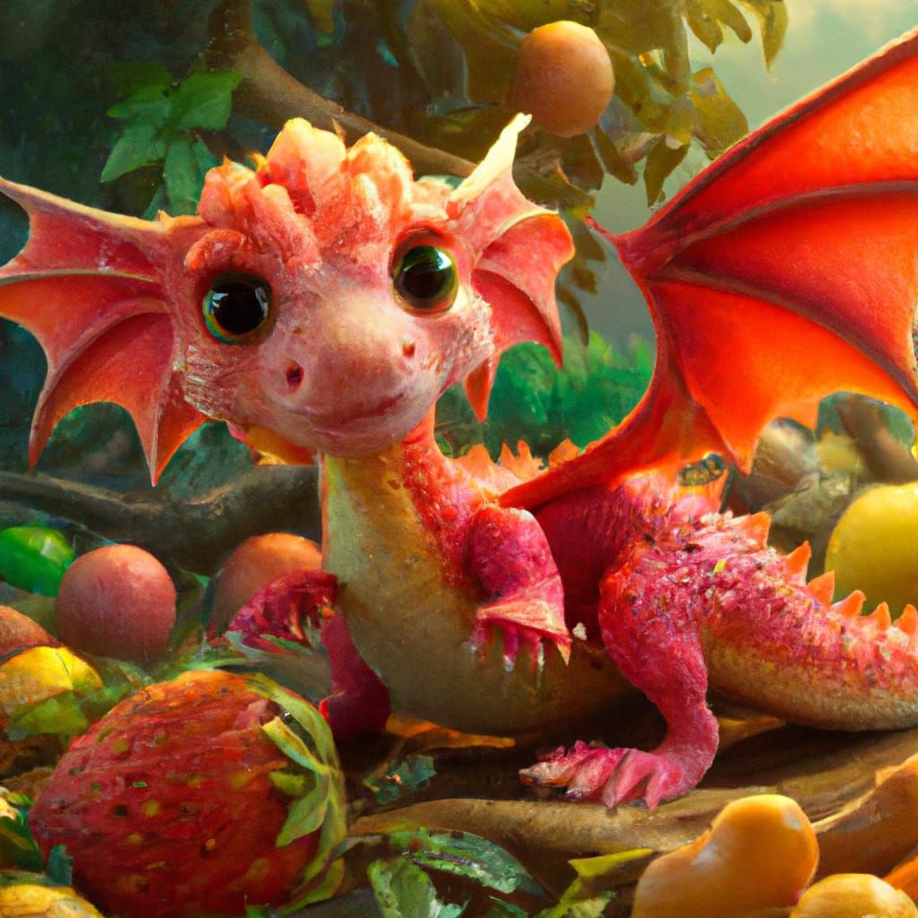 Cute Baby Fire Dragon with Fruit, Art Nouveau Style