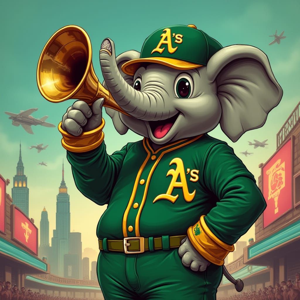 Oakland A's Mascot in Retro-Futuristic Cityscape