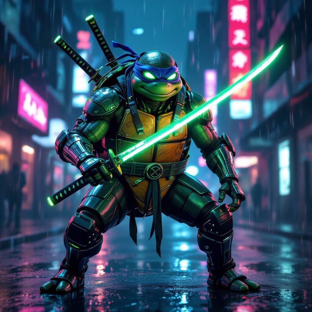 Cyborg Ninja Turtle in Neon Cyberpunk Cityscape