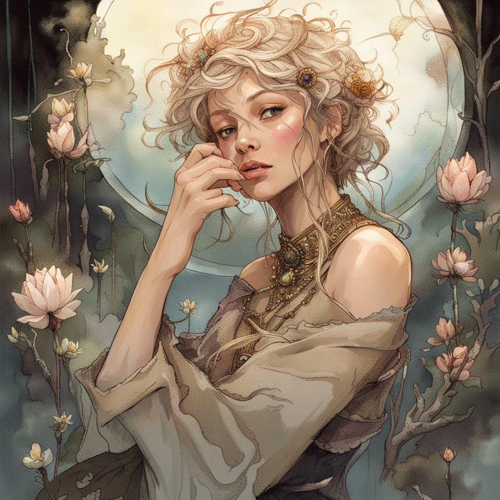 Leaf-Crowned Princess and Reflection: Dark Fantasy Art