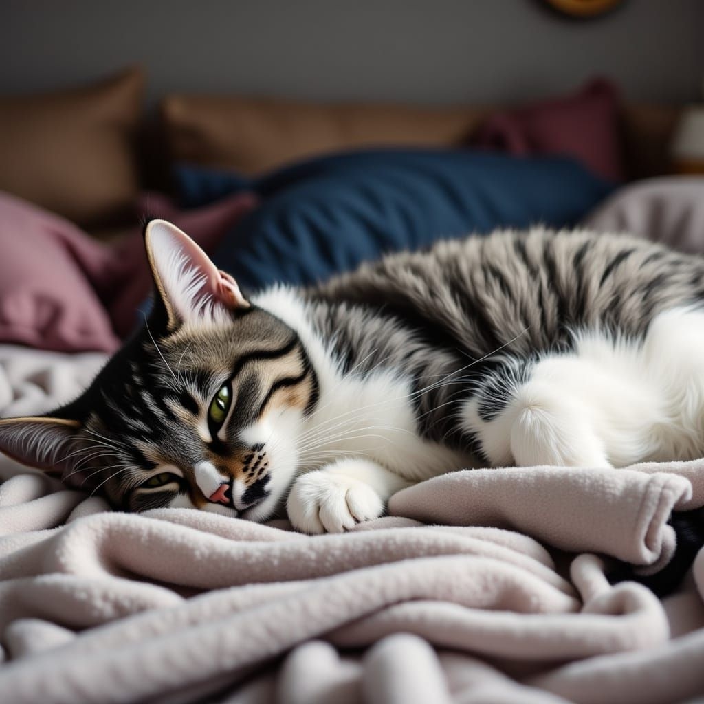 Gray Cat Rests on Cluttered Bed