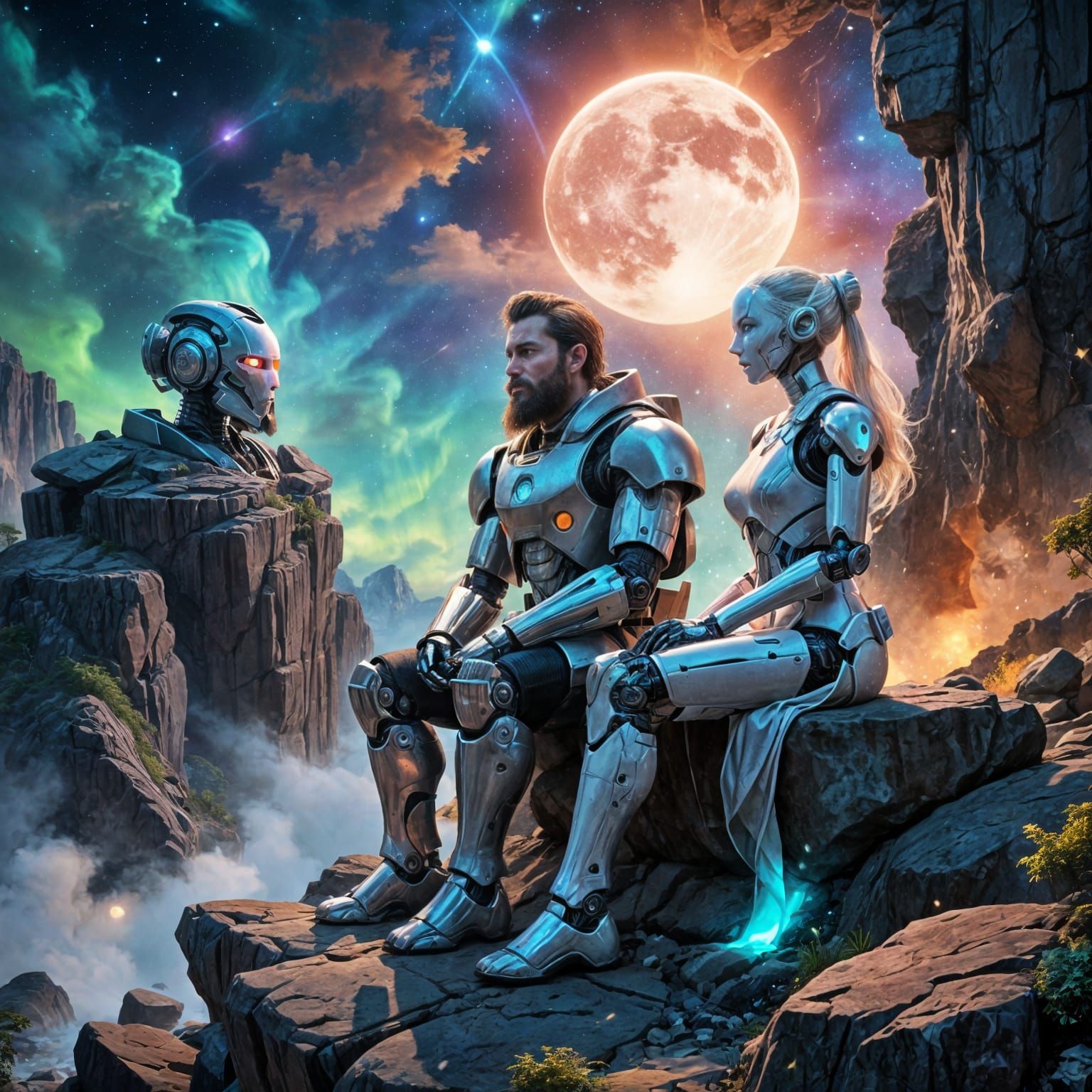 Divine Meeting: Man and Robot Under Aurora