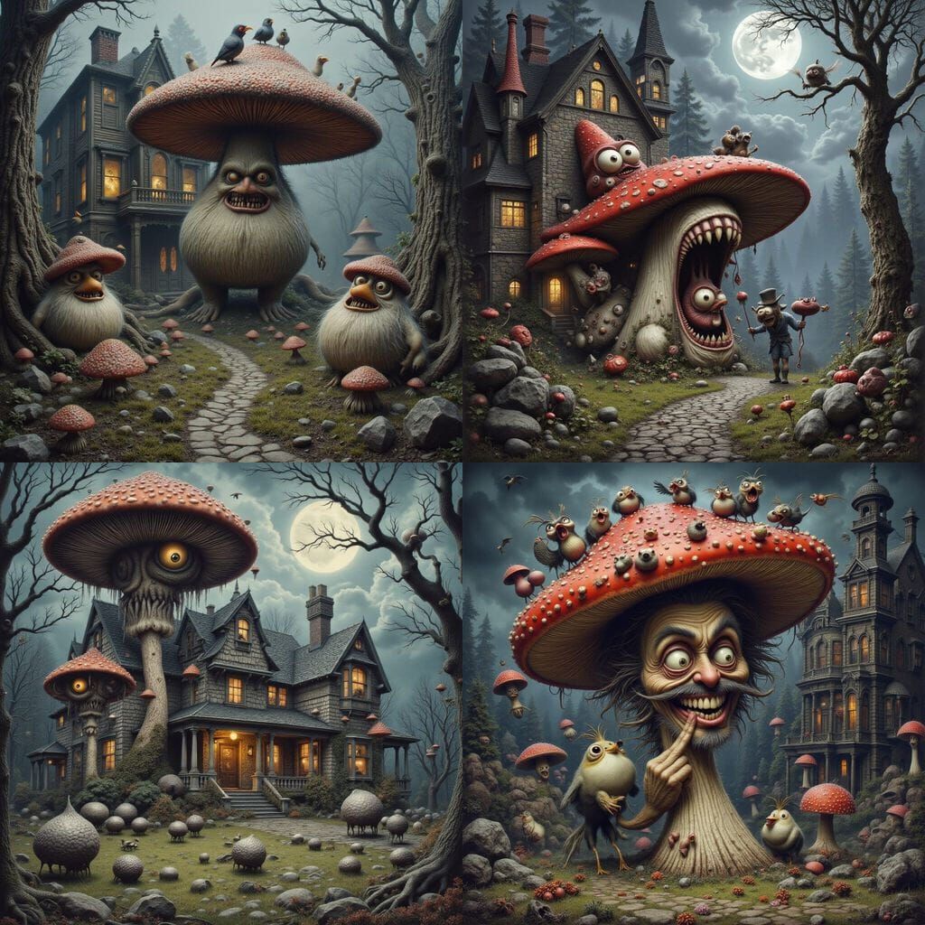Mushroom Horror at Victorian Mansion in Hitchcock Style