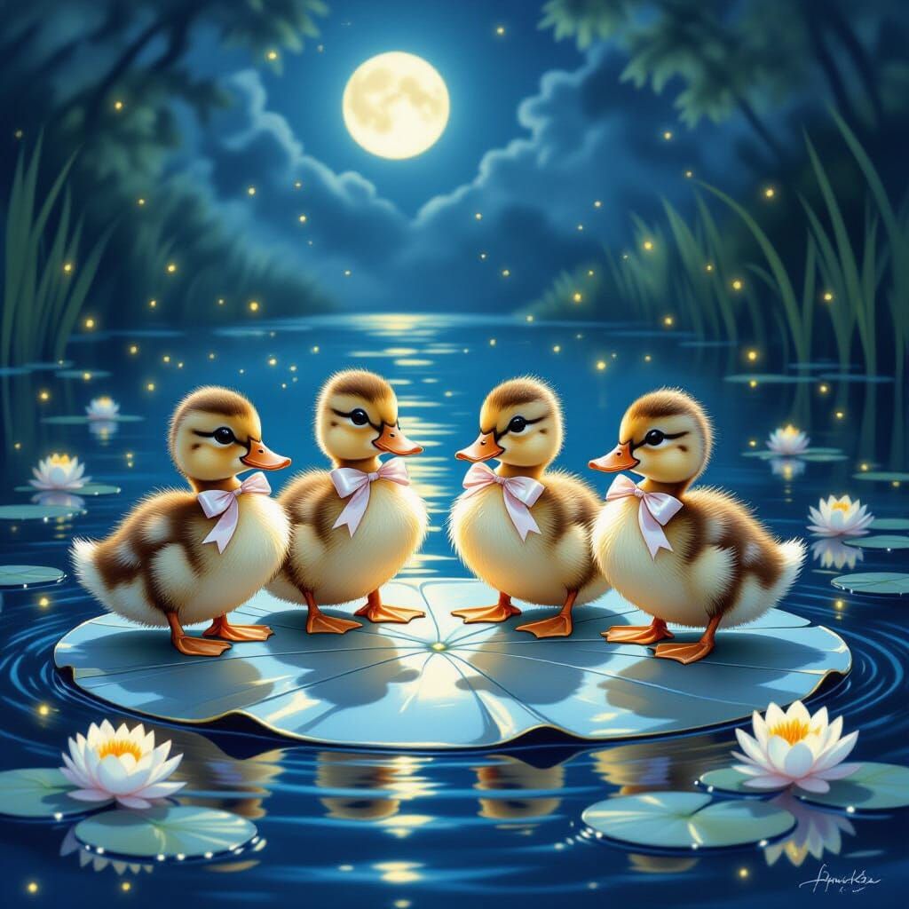 Four ducklings with big round eyes, dancing elegantly on a s...