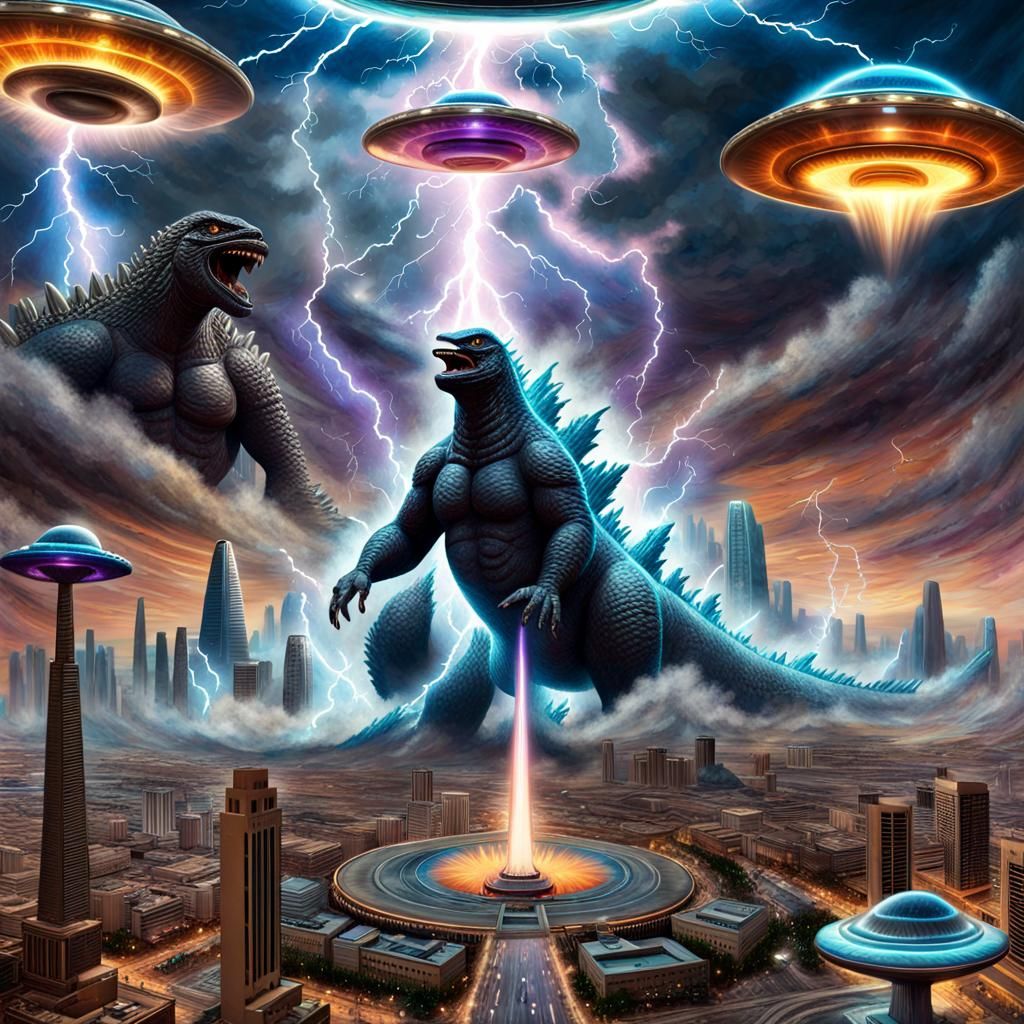 Godzilla Battles Flying Saucers in Egypt, Cosmic Illustratio...