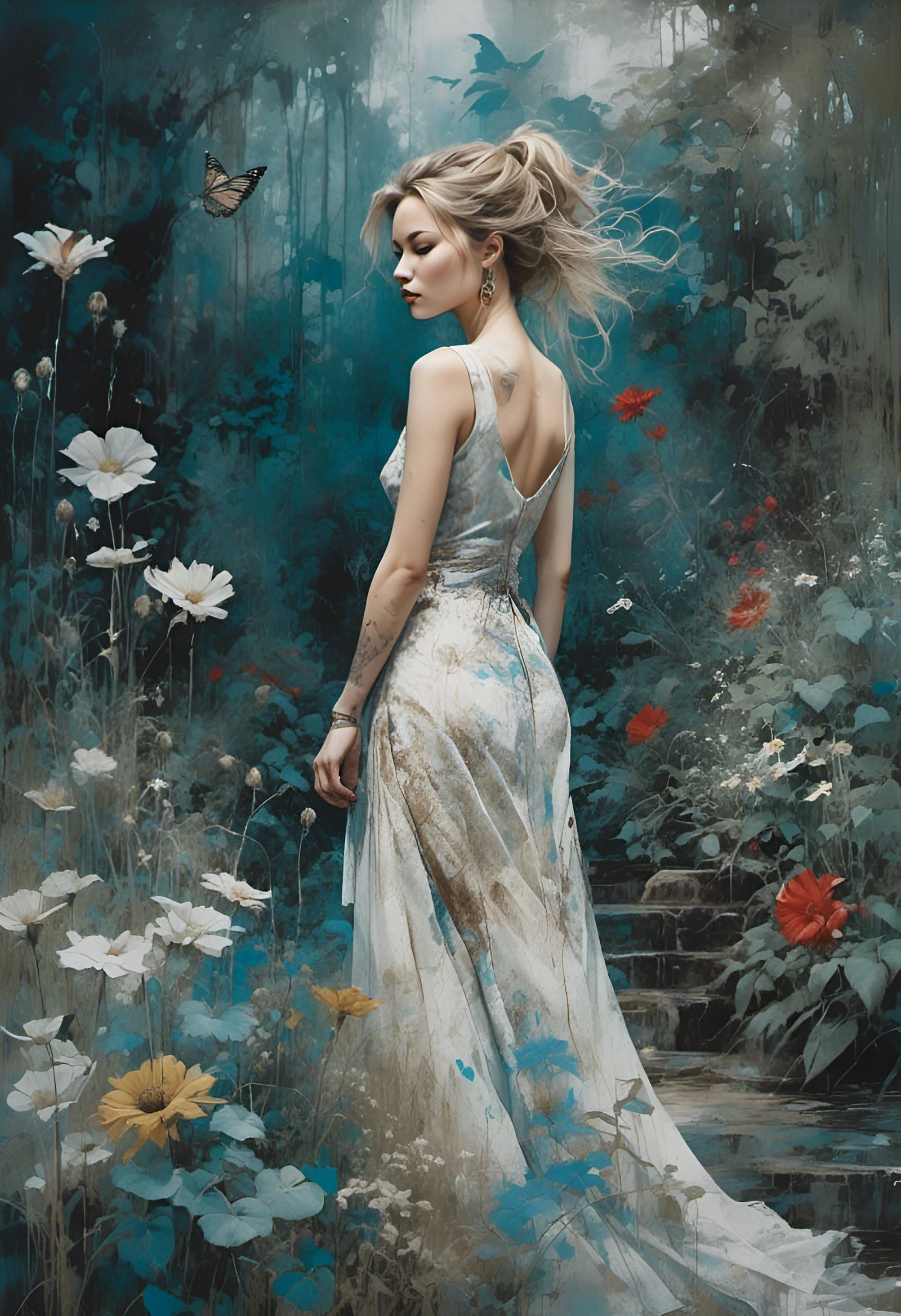 Enchanted Garden Scene with Watercolor and Line Art